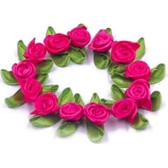 Accessories Attic 10 x Hot Pink Mini Satin Ribbon Rose Buds with Leaves Embellishment 1.5cm UK