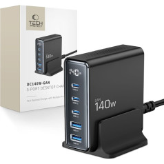Tech-Protect Uzlādes stacija ierīcēm ar displeju 3x USB-C 2x USB-A GaN 140W - melna