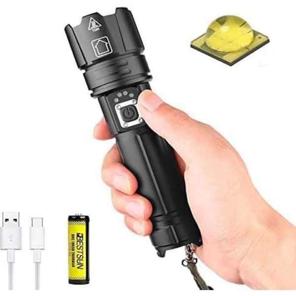 LED Rechargeable Torch, 500,000 Lumens, LED Torch, Extremely Bright, XHP70 LED Torches, Battery Operated, Strong Tactical Torch with 4 Modes, Waterproof, Zoomable Lamp for Camping