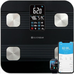 Silvergear Premium Body Fat Scale, Personal Scale, Bluetooth Body Analysis Scales with App, Body Fat, BMI, Weight, Muscle Mass, Water, Protein, Bone Weight, BMR and Heart Rate - Black
