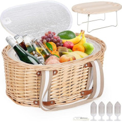 Picnic Basket Set for 4 - Insulated Wicker Basket with Folding Wine Table, Picnic Set with Inner Lining for Couples, Camping, Outdoor, Valentine's Day (White Flower)
