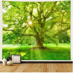 Musihy Landscape Tapestry, 240 x 220 cm, Green Tree, Sun, Natural Landscape Wall Hanging Decoration for Living Room, Bedroom & Dormitory, Yellow/Green