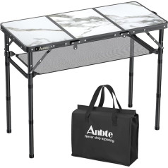 Anbte Folding Camping Table, 88 x 40 cm, Aluminium Frame, 3 Height Adjustable, 26/48/70 cm, Picnic Table with Storage Net, Portable Suitcase Table, Grill Table for Camping, Beach, Balcony (Marble, White)