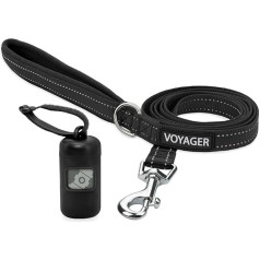 Voyager Reflective Dog Lead with Neoprene Handle and Reusable Mesh Dispenser Waste Bag Holder by Best Pet Supplies, Black, Size M