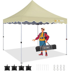 HOTEEL 3 x 3 Pop Up Gazebo Waterproof Stable UV Protection 50+, Party Tent Protected Folding Gazebo Foldable for Camping, Parties, Garden. Bonus 4 Wind Ropes + 8 Ground Stakes + 4 Sandbags (Khaki)