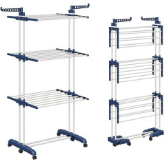 3 Tier Folding Washing Rack Tower with 2 Rotating Wings High 178 cm Foldable Feet Space-Saving Clothes Drying Rack with Wheels for Home, Balcony and Garden (Blue White