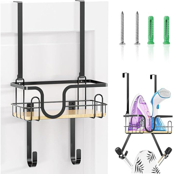 Ironing Board Holder Over Door Ironing Board Hanger Wall Mounted Iron and Ironing Board Hanger with Basket, Adjustable Hooks, Iron Holder (Black)