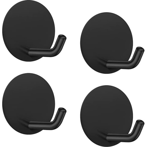 Pack of 4 Black Self-Adhesive Hooks Wall Hooks for Towel Key Coat Stainless Steel Hooks No Drill No Screws Door Hooks Adhesive Hooks for Bathroom Kitchen Cupboard Round