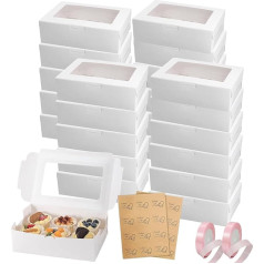 Cupcake-Boxen mit 6 Löchern, weiße Bäckerei-Boxen mit Fenster, Kuchenschachteln, mit Aufklebern und rosa Bändern, für Zuhause, Backen, Party, Hochzeit, Weihnachten, Halloween, Kuchenladen (24 x