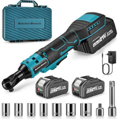 Electric ratchet wrench, 3/8 inch, battery ratchet with 45 N.m torque and 320 rpm, includes 2 batteries and 9 socket wrenches, electric ratchet with LED for cars, workshops and agriculture