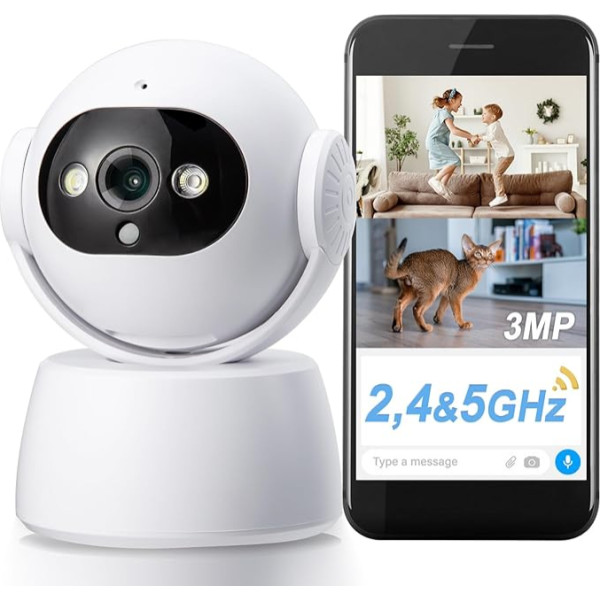 360° WiFi Indoor Surveillance Camera, 2.4G/5GHz, 3MP, Night Vision, Motion Detection, Two-Way Audio, Compatible with Alexa and Google Assistant