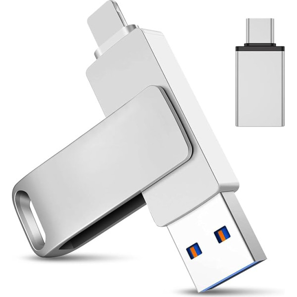 USB Stick 256GB for iPhone, 3-in-1 Memory Stick with USB C, USB 3.0 & L, OTG Photo Stick for iPhone/iPad/Android/PC/Mac, External Memory for Backing Photos & Videos, Silver (256GB)