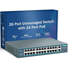 YuanLey 26 Port PoE Switch, 24 PoE+ Port 100Mbps, 2 Uplink Gigabit, 802.3af/at 400W, Unmanaged Rack Mount Plug and Play
