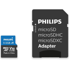 Philips Ultra Pro microSDXC Card 512 GB + SD Adapter UHS-I U3, Read Speed up to 100 MB/s, A1 Fast App Performance, V30, Memory Card for Smartphones, Tablet, PC, Card Reader, 4K UHD Video