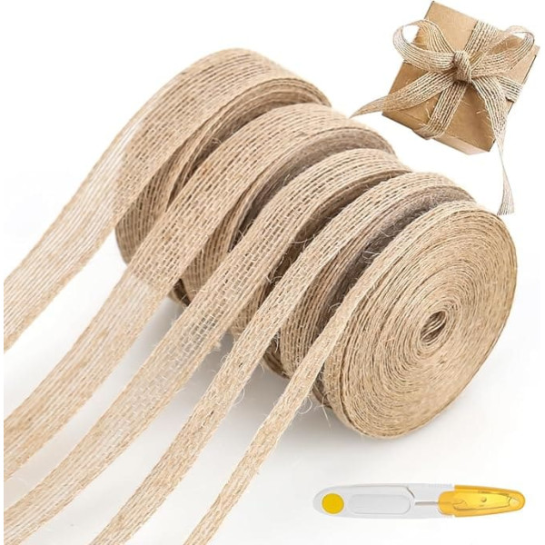 Jute Ribbon 5 Rolls Jute Ribbon 50 m Vintage Gift Ribbon Valentine's Day Hessian Fabric Ribbon for DIY Crafts Anniversary Mother's Day Decoration Wedding Party Crafts 0.6/1/1.5/2/2.5 cm Width