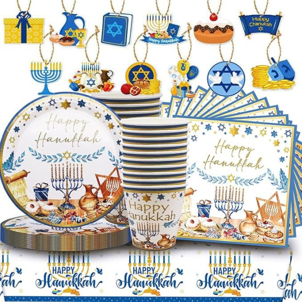73 Piece Hanukkah Party Tableware Set, Party Supplies for 20 Guests, Decorations Happy [Plates, Napkins, Cups, Tablecloth, Decorated Hang Days]