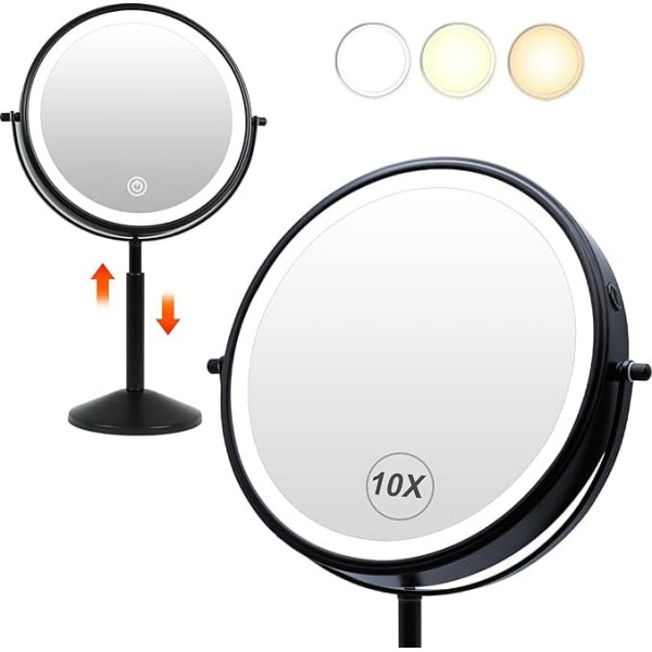 9 Inch Cosmetic Mirror with Lighting, Black 10X Magnifying Mirror, Height Adjustment, LED Rechargeable Table Cosmetic Mirror (940B10X)