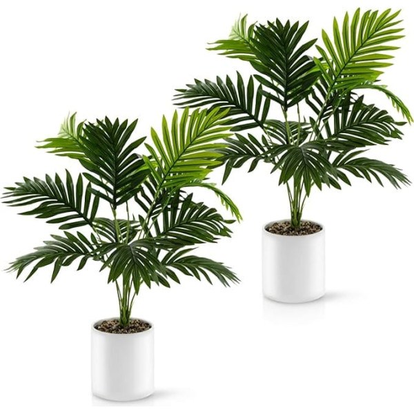 PASCH Set of 2 Artificial Palm Tree Areca (60 cm) in White Ceramic Pots: Artificial Plants Large Artificial Plants Like Real Fake Plant Artificial Plants in Pot