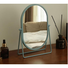 Adjustable Desk Mirror with Stand, Metal Frame, Round Freestanding Dressing Table Mirror for Bathroom, Bedroom (Blue)