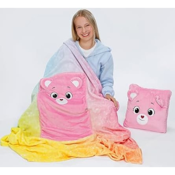 Decke & Kissen 2in1 Glücksbärchis Hurrabärchi 165x140cm (Kissen 35x35cm) - pink - Flauschiges Reisekissen aus weichem Coral-Fleece, wandelbar zur warmen Decke für Kinder und Erwachsene | 62816
