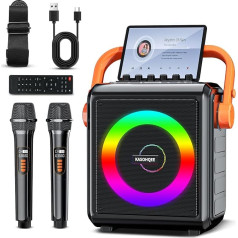 Karaoke Machine for Adults, Portable Bluetooth Speaker with 2 Wireless Microphones, Remote Control and LED Lights for TF Card/USB, AUX-In, FM, REC