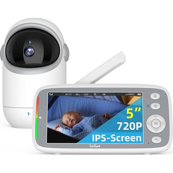 TakTark Baby Monitor with Camera, 5 Inch 720P IPS Baby Monitor with Camera Video Baby Monitor with Camera with Rotation Pan-Tilt 300° Camera Baby Monitor with VOX, Intercom Function, Night Vision,