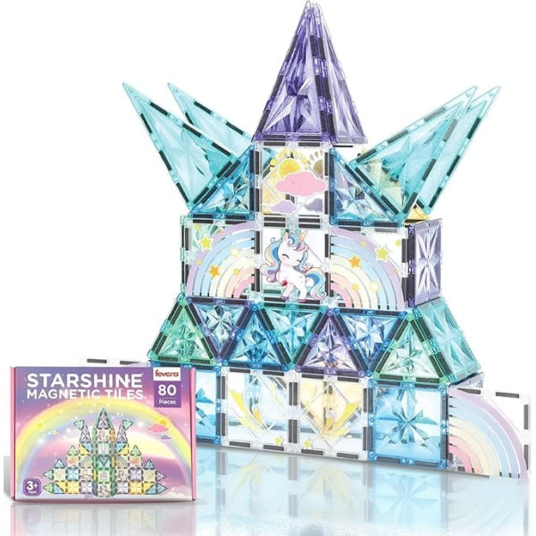 Magnetic Building Blocks Set, 80 Pieces, with Glitter, Unicorns & Rainbow