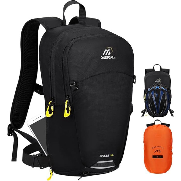 Bicycle Backpack, 15 L, Waterproof, Theft-Proof Hiking Backpack with Helmet Net and Rain Cover, Small Ski Backpack with Removable Belly Belt for Cycling, Hiking, Day Tour, Sports, Everyday