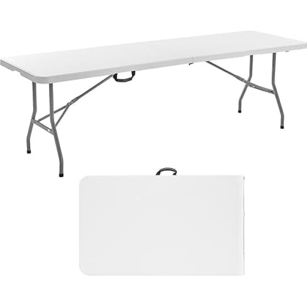 VEVOR Folding Buffet Table Portable Utility Table 244 cm Rectangular Plastic Table (for 6-8 People) with Integrated Handle, Garden Table, Camping Table for Parties, Picnics, Camping, White