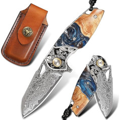 Pocket Knife Made of Damascus Steel, Folding Knife for Men and Women, with Leather Sheath, Resin and Maple Wood Handle, Suitable for Outdoor Camping, Hiking and Fishing EDC Knife