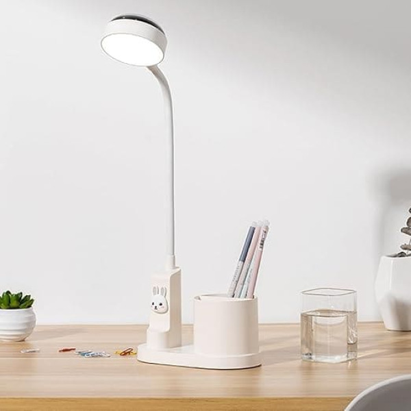 Children's Desk Lamp, LED Desk Lamp Astronaut with Pen Holder, Gooseneck Table Lamp, Children's Study Lamp, Reading Lamp with Projection Pencil Holder (Rabbit - White)