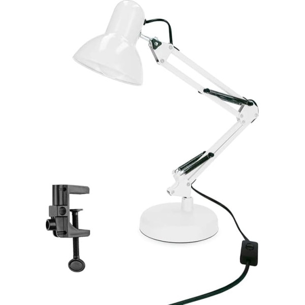 EDO Retro Desk Lamp Children with Clampable, Bedside Lamp with Articulated Arm, Workplace Lamp White PIXI E27 Made of Steel, Desk Lamp with Flexible Clamp Black on Desk Lamp