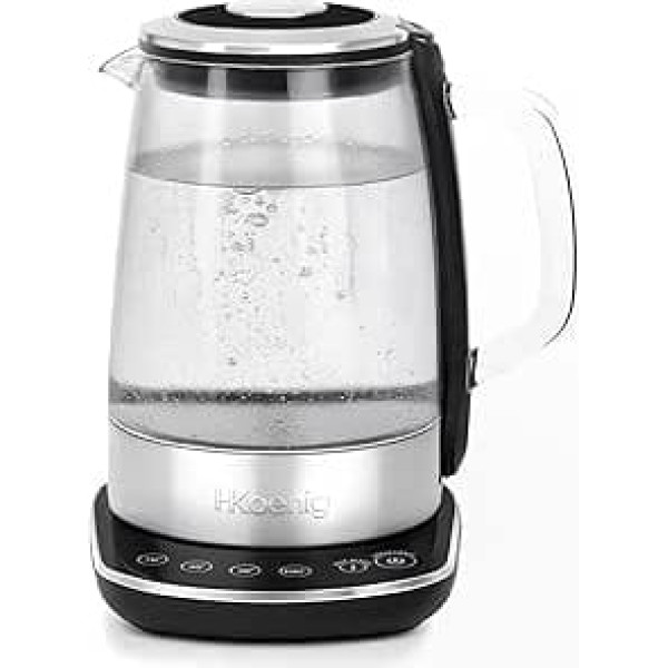 H.Koenig BO600 Electric Kettle 1.5L Glass and Stainless Steel 4 Adjustable Temperatures from 70°C to 100°C, Keep Warm Function (30 Minutes), Powerful with 2200W, Practical and Efficient