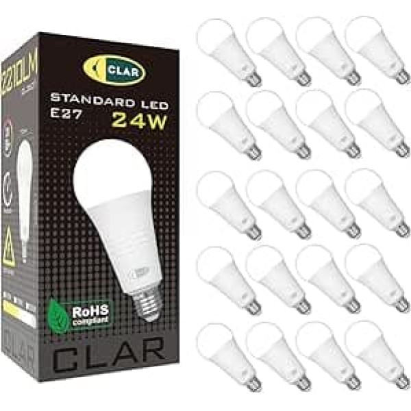 CLAR - LED Bulb E27 Extra Bright 24 W, Cool White, Replacement for 200 W/150 W, Bright Bulb (Pack of 20)