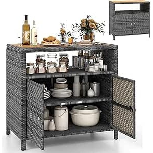 GYMAX Rattan Garden Cabinet, Patio Cabinet with Double Door, Acacia Wood Worktop & Open Shelf, Outdoor Storage Cabinet, Balcony Cabinet for Garden, Patio, Pool, 90 x 53 x 86 cm (Grey)