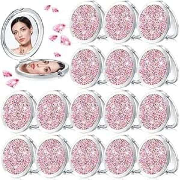 16 Pcs Magnifying Mirror 3.1 Inch Diamond 1x2xMakeup Mirror Small Purse Round Bag Travel Makeup Foldable Mirror for Women and Girls Pink/Silver
