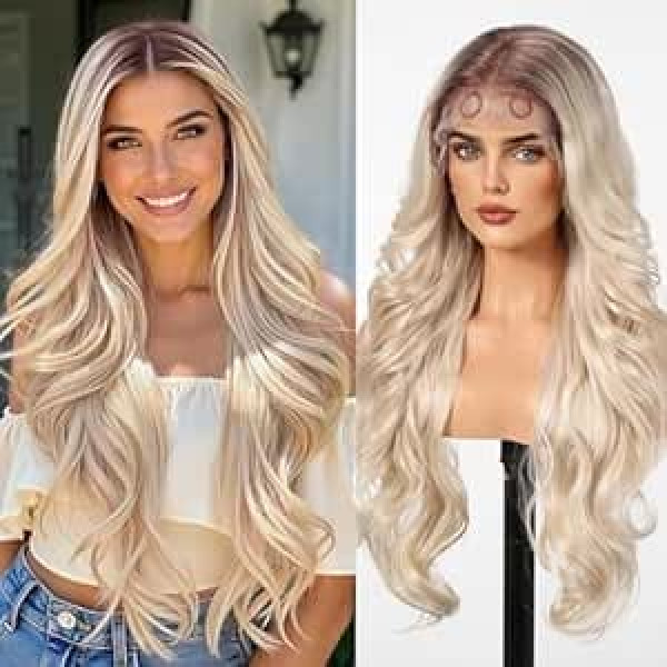 testar 13×6 Lace Front Perücke Lange blonde Wellenperücke für weiße Frauen, mittlerer Teil,Body Wave,synthetische hitzebeständige Faser,für täglichen Gebrauch,26 Zoll