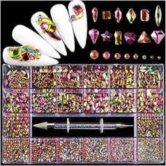 yaoqijie 1 Box of 2800 Luxury Nail Art Rhinestone Decoration Kit 3D Glamour Alloy Diamond Mixed Crystal Nail Accessories with 1 Pen Lasting Color:Rainbow Color 1 Pcs