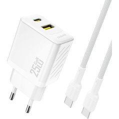 Dudao USB-A USB-C tīkla lādētājs ar USB-C GaN PD QC kabeli 25W - balts