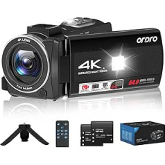 ORDRO Videokamera 4K, 64MP Camcorder mit 18X Digitalzoom, Fülllicht, 3