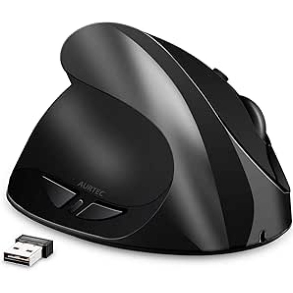Left Handed Mouse, AURTEC Rechargeable 2.4G Wireless Ergonomic Vertical Mice with USB Receiver, 6 Buttons and 3 Adjustable DPI 800/1200/1600 for Left Hand, Black