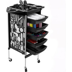 Hairdressing Trolley, Salon Trolley with 5 Pull-Out Drawers, Home Hairdressing Trolley, Work Trolley, Trolley with Foldable Device Holder, Load Capacity 100 kg, for Beauty Salon (Black)