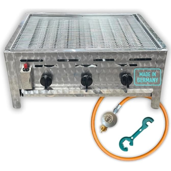 Stainless Steel 3-Bulb Gastro Roasting Dish with Grate Set, Professional Gas Grill, Made in Germany, with Gas Hose and Pressure Regulator, Gastrogrill Gas, Table Gas Grill, Roasting Tray, Gastronomy