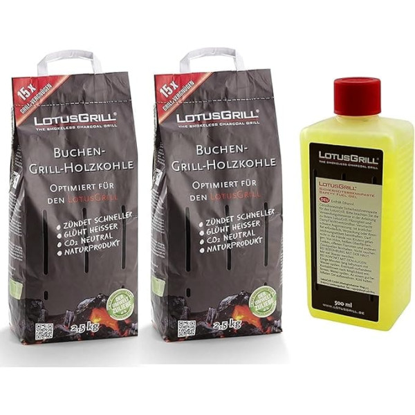 LotusGrill Beech Charcoal 2 x 2.5 kg Bag Including LotusGrill Fuel Paste 500 ml, Both Developed for Low-Smoke Grilling with LotusGrill