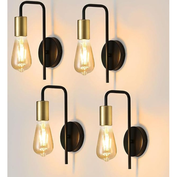 Indoor Wall Light, 4 Pieces, Industrial Wall Lamp Made of Iron, Retro Wall Lighting for Bedroom, Stairs, Bar, IP20, E27, Black, Max 40 W, Bulb Not Included