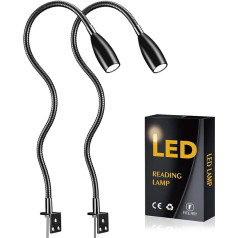 2 x LED Reading Lamps, Bedside Lamps, Wall Lights, Desk Bookshelf and Display Lighting 200Lm / 3000K / 3W / 110-240V AC, Beam Angle: 30°, Gooseneck Length: 48cm