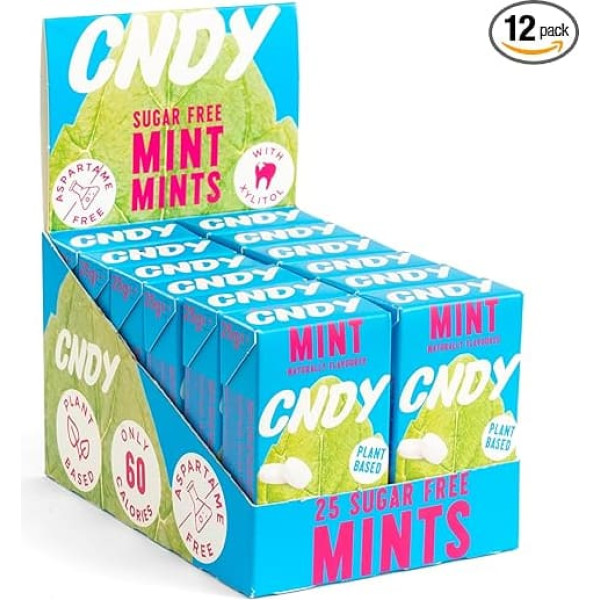 CNDY Mint Sugar Free Sweets 40 g (Box of 7) - Low Calorie (16), Low Carbohydrates (4), Keto, Erythritol, Vegan Sweets