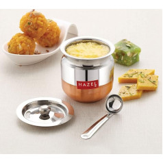 HAZEL Ghee Pot with Spoon, Stainless Steel Copper Base, Ghee Container for Kitchen, Premium Oil Container with Lid for Pooja Items, 300ml
