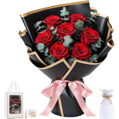 Lewondr Preserved Bouquet with Vase - 7 Real Roses & Flowers, Durable Forever Rose Bouquet, Eternal Gift for Mom, Wife, Valentine's Day, Anniversary or Birthday, Red