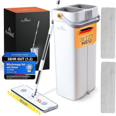 XL Mop Set with Bucket, 2 Chamber System & 2 Microfibre Pads, 40 cm Flat Mop with Stainless Steel Handle & Self-Wringing Function, 143-181 cm Telescopic Handle, Pet Hair Remover, White - ALANBERG